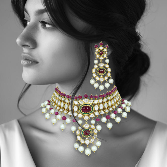 Polki Choker Set with Ruby Cabochons, Pearl Drops, and Pendant